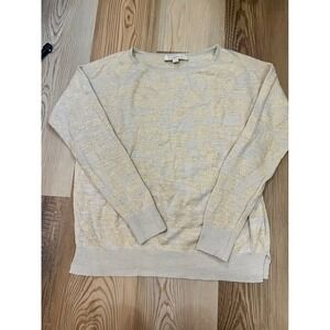 Loft Womens Small Metallic Gold Floral Jacquard Knit Sweater Beige Long Sleeve